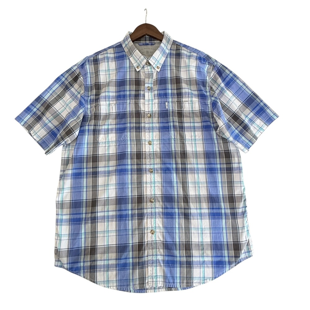 Levis Mens Blue Grey Plaid Short Sleeve Button Down Shirt Large Mesh Yoke